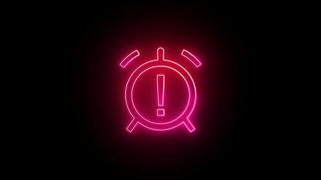 Neon blue alarm clock icon on dark background.