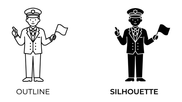 Traffic Controller Icons: Two simplified graphic icons of a traffic controller, one in outline and one in silhouette, each holding a small flag, symbolizing guidance and order.