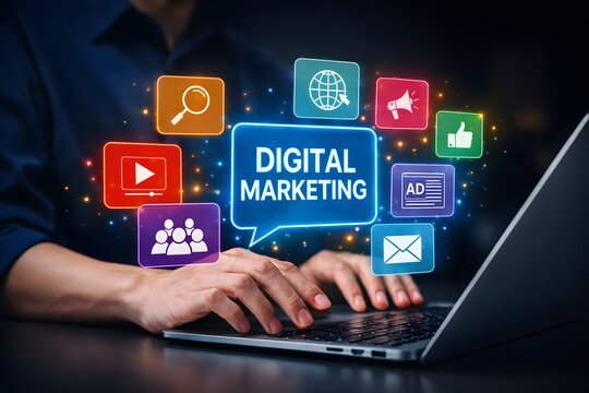 Digital Marketing Strategy Concept. A person using laptop with digital marketing icons representing SEO SEM SMM, video, email, web, advertising, ad, social media, shopping online, and analytics tools.