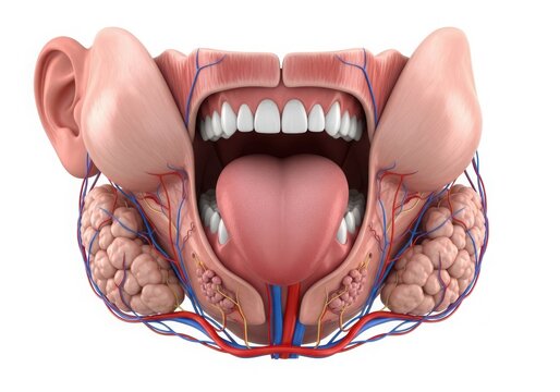 Human mouth and throat anatomy cross-section illustration isolated on white background