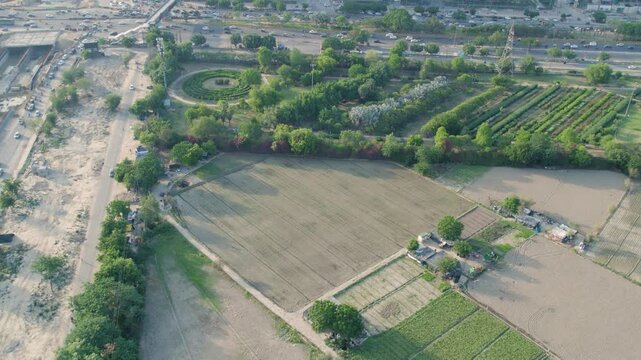 Aerial view of rural landscape in Delhi NCR. Farmland and green fields near Noida and Ghaziabad.
