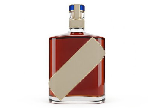 Clear glass bottle with amber liquid and beige label isolated on white background