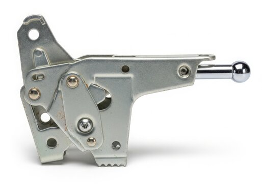 Close-up of metal hinge mechanism isolated on white background