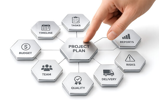 Business hand selecting project plan network with budget timeline tasks reports risks delivery quality and team management icons