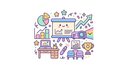 Fototapeta premium Kawaii business presentation doodle with projector and trophy.