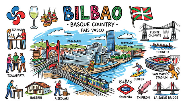 Bilbao Spain Travel Landmarks in Colorful Doodle Illustration Style