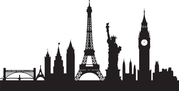 Famous world landmarks silhouette skyline, including eiffel tower, statue of liberty, and big ben