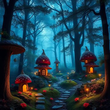 Enchanted forest glade with mushroom cap houses and twinkling lights, ||whimsical, whimsy