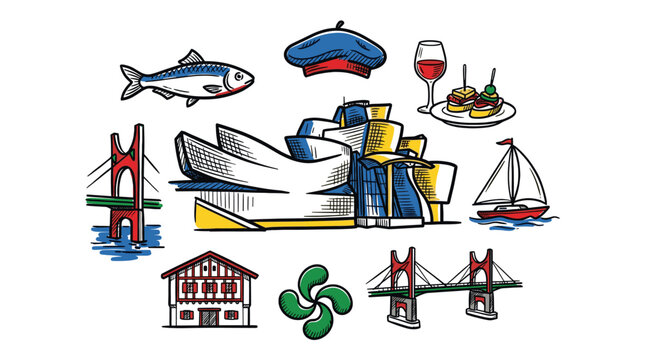 Bilbao Spain Travel Landmarks in Colorful Doodle Illustration Style