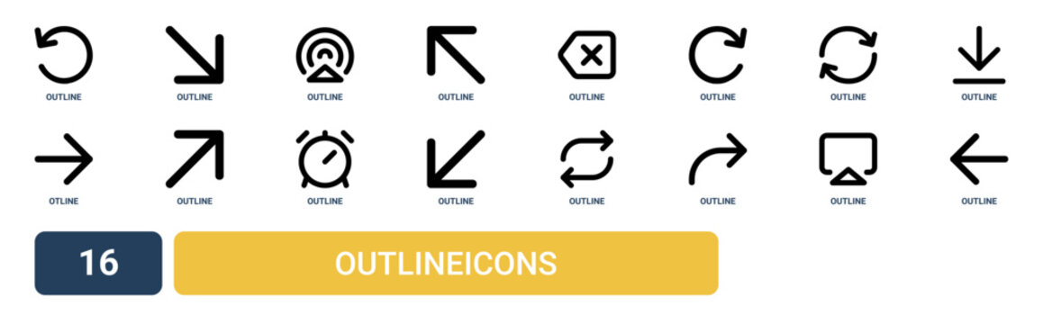 Set of 16 outline web Outlineicons icons such as outline, outline, vector icons for report, presentation, diagram, web design, mobile app