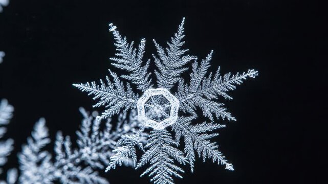 Macro video of an intricate snowflake crystal displaying geometric ice patterns on dark background.