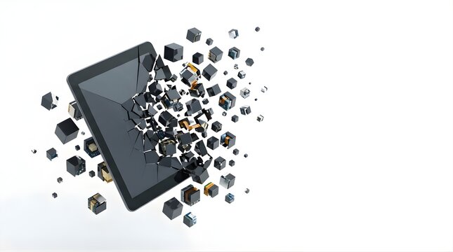 Broken digital tablet screen shattering into small cubic electronic pieces