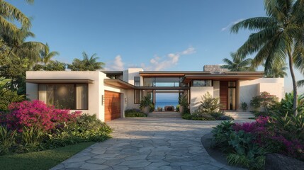 Fototapeta premium Resort-style luxury residence front lawn and driveway in Hawaii with glass walls, warm lighting, and ocean view