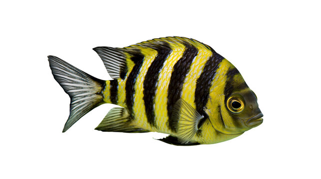 Yellow and black striped Sergeant Major fish swimming