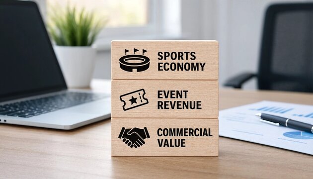 Wooden blocks illustrating key components of sports business including economy revenue and commercial value on office desk
