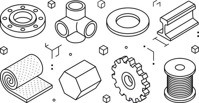 Industrial engineering components and isometric mechanics hardware line art vector set with flange pipe gear rail wire spool