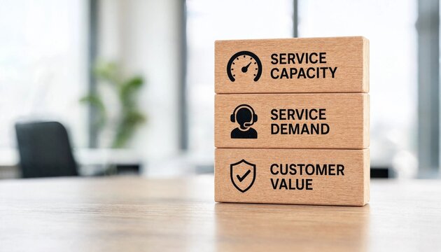 Three wooden blocks illustrating key concepts of service capacity demand and customer value in business management