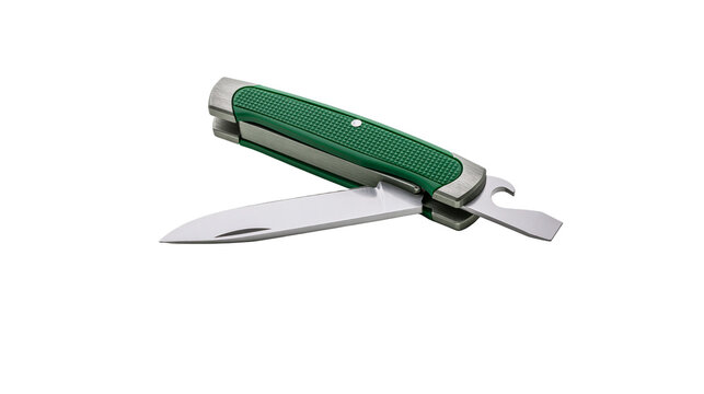 Green handle multi-tool pocket knife with open blade and bottle opener