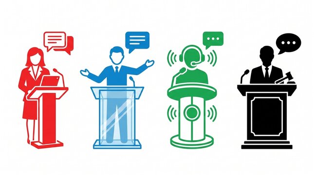 Conference and Public Speaker Icons &ndash; Podium, Audience and Speech Vector Symbols