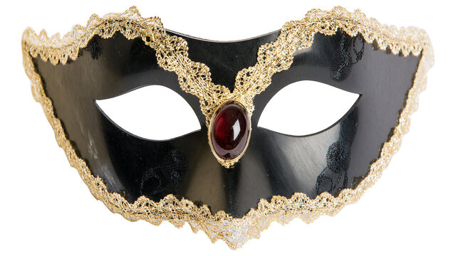 Black masquerade mask with gold lace trim and red jewel