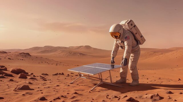 Astronaut adjusting solar panel on red desert planet surface. Renewable energy concept for  exploration of Mars. Lockdown wide shot.