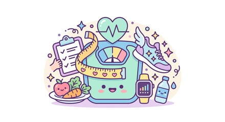 Fototapeta premium Kawaii fitness scale and workout gear illustration.