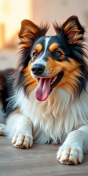 Adorable rough collie lying down with a friendly expression, tongue out, funny, breed
