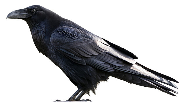 Black raven bird with white wing feathers