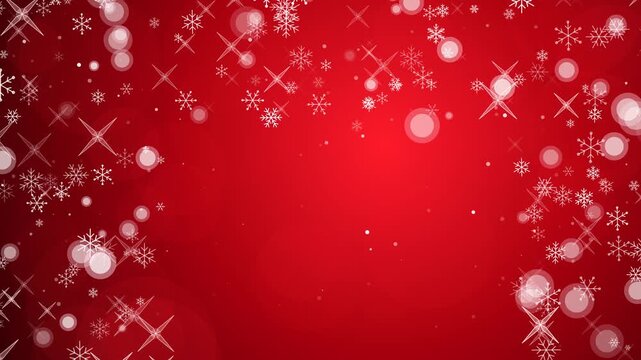 Festive Red Christmas Snowflakes Background. Seamless loop animation of falling snow and sparkling magic stars for winter holiday greeting cards and celebration video projects.