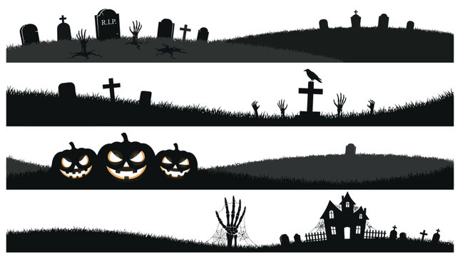 Detailed vector illustration of haunted cemetery borders featuring spooky tombstones pumpkins and creepy skeleton hands silhouettes