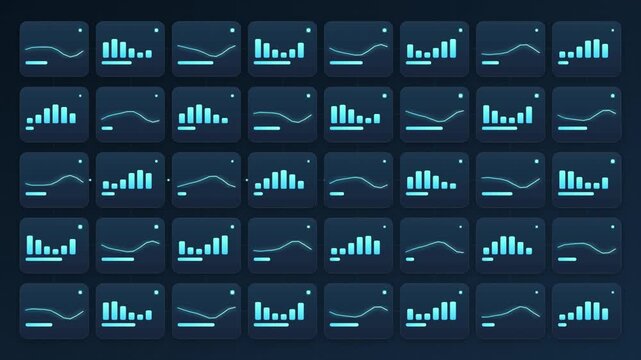 Set of Digital Analytics Icons Featuring Various Trend Graphs and Bar Chart Variations