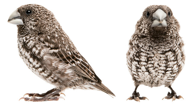 Two small finches with speckled brown and white plumage