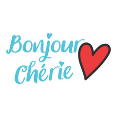 Cute romantic French quote Bonjour cherie in blue script lettering with a hand drawn red heart. Perfect for Parisian chic apparel, coquette aesthetic prints, and Valentine greeting cards. © gorgang