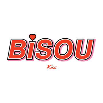 Retro Y2K style typography featuring the French word Bisou and Kiss in red with a cute heart detail. Perfect graphic element for streetwear apparel, coquette aesthetic posters, and romantic designs.
