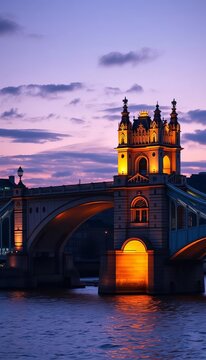 Bridge's Gothic Revival style arches illuminated at dusk, texture, ||bridge