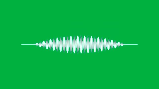 Animated white sound wave frequency pulse on green screen, digital audio signal visualization