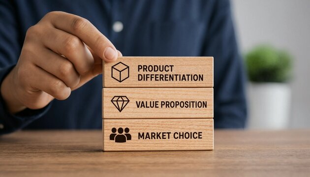 Person arranging wooden blocks representing key business marketing concepts like product differentiation value proposition and market choice