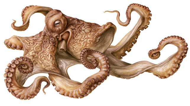 Detailed brown octopus with curled tentacles and suckers