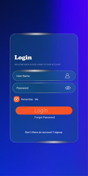 Glassmorphism login page interface, modern mobile app UI design with frosted glass effect, blue gradient web sign in form with orange button