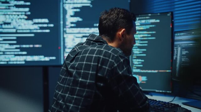 Focused caucasian software engineer works overtime late at night in modern tech office. Artificial intelligence, Dedicated freelance strategy, Database server debugging, Cybersecurity cloud concept.