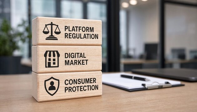 Wooden blocks illustrating key concepts of platform regulation digital market and consumer protection on office desk