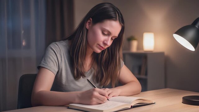 Young woman crying while writing in journal at night. Emotional personal reflection by desk lamp light. Medium shot with slight vertical tilt.