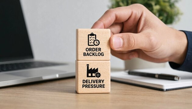 Hand placing wooden block with order backlog and delivery pressure icons on desk near laptop