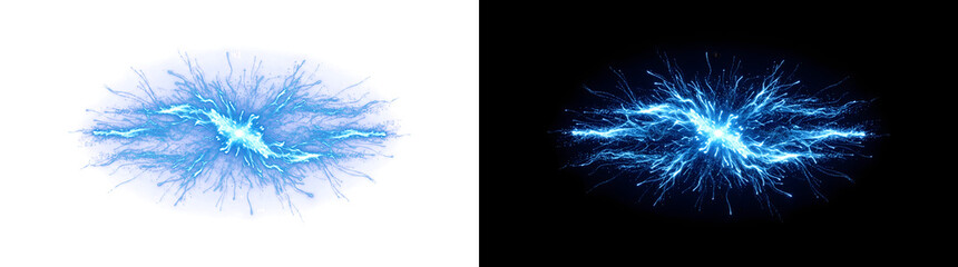 Fototapeta premium Blue electric energy explosion with scattered sparking particle trails ideal for scientific banners PNG, Transparent and Black Background Versions for design use