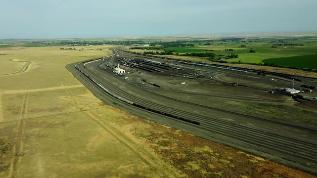 US, Oregon, Hermiston, 2026-05-27 - Drone view of the Hinkle Train Yard, in Summer