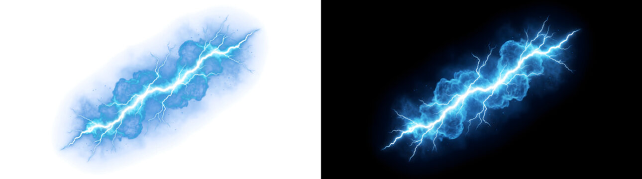 Blue electric lightning bolt crackling with glowing energy and cloud haze ideal for dramatic banners PNG, Transparent and Black Background Versions for design use