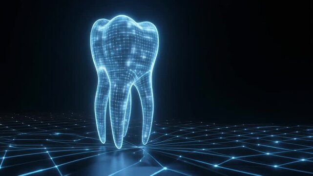 Glowing holographic tooth made of blue light lines on digital grid, symbolizing modern dentistry, precision, and technological innovation.