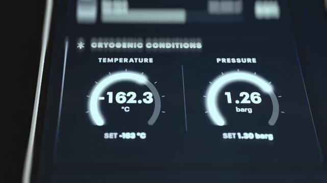 Cryogenic Conditions Gauges Showing LNG Temperature and Pressure on a Dark Screen