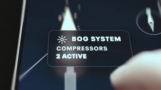 BOG System Callout Showing Two Compressors Active Beside a Flare on a Dark Screen