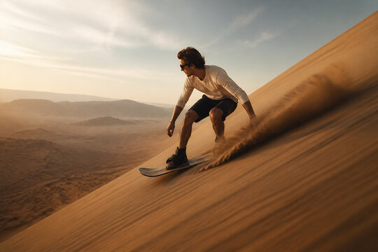 A man is snowboarding down a large sand dune in a desert landscape under a bright sky.